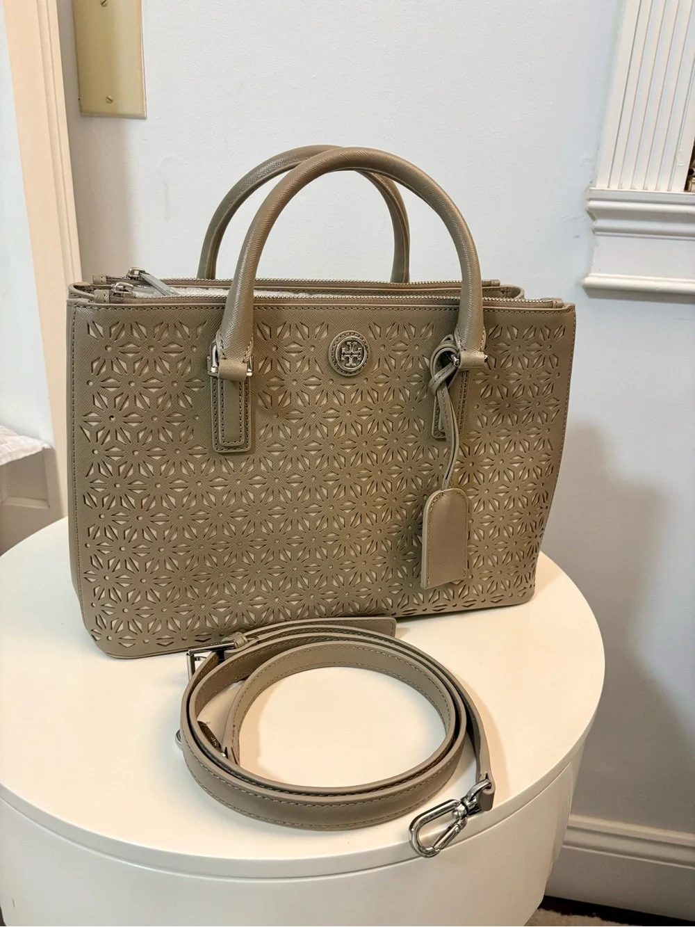 Tory Burch Perforated Leather Satchel in Taupe with Detachable Shoulder Strap
